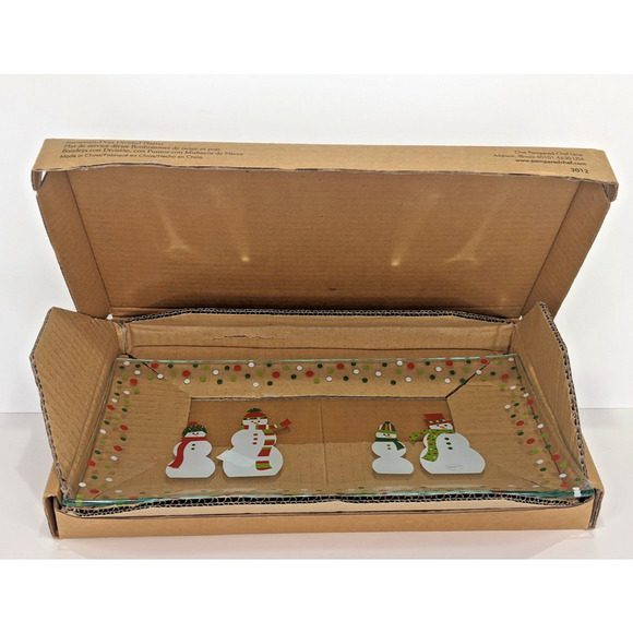 Pampered Chef Snowman-Dots Divided Platter Glass #3012 New Open Box 13.5 x 7.5" - Picture 2 of 4